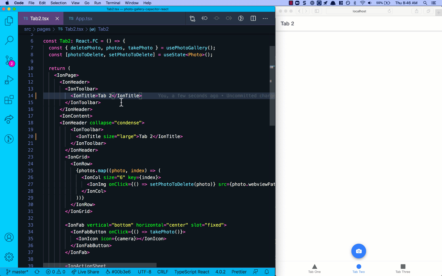 Live Reload Feature in Ionic App Animated GIF showing the live reload feature in an Ionic app, with changes in code immediately updating the app in a web browser.